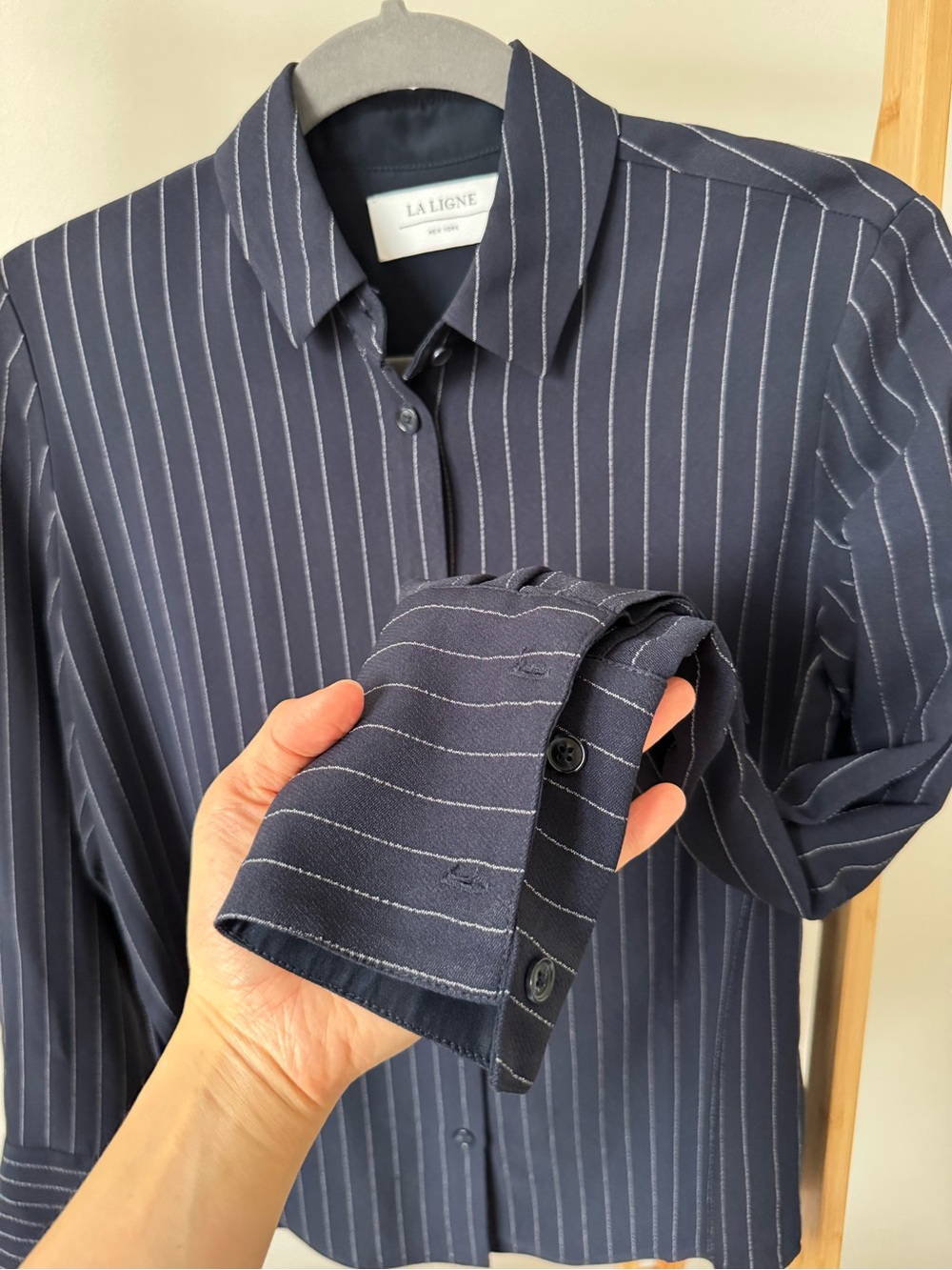 La Ligne Navy Pinstripe Opened Back Shirt, Size XS - Picture 5 of 11